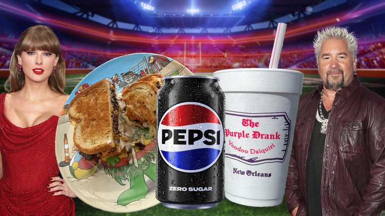 Super Bowl football field, collard green melt turkey and the wolf, taylor swift, pepsi zero sugar, guy fieri