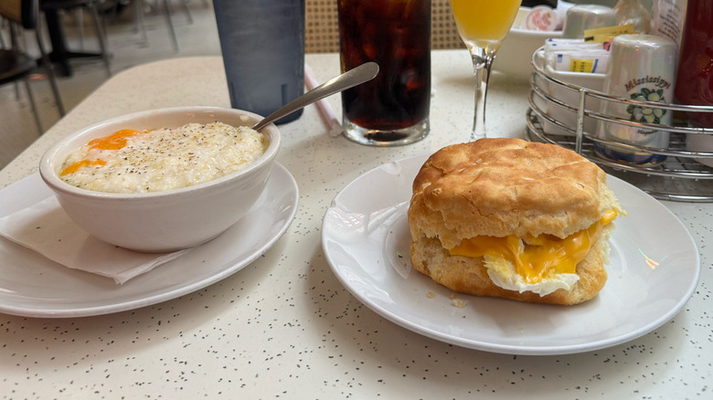 Cheese grits and egg and cheese biscut from Majoria's Commerce