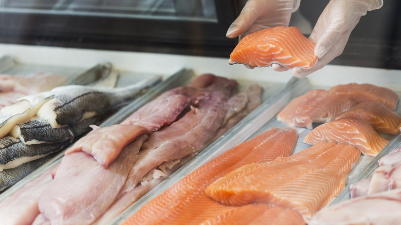 display of fresh fish fillets
