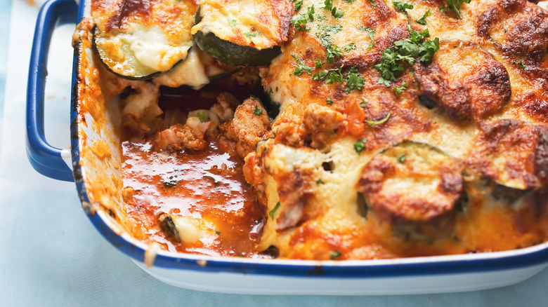 close up on pan of moussaka