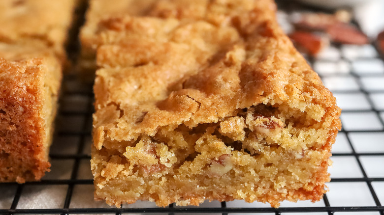 light brown bread, cake, or bar cookies on a wire rack