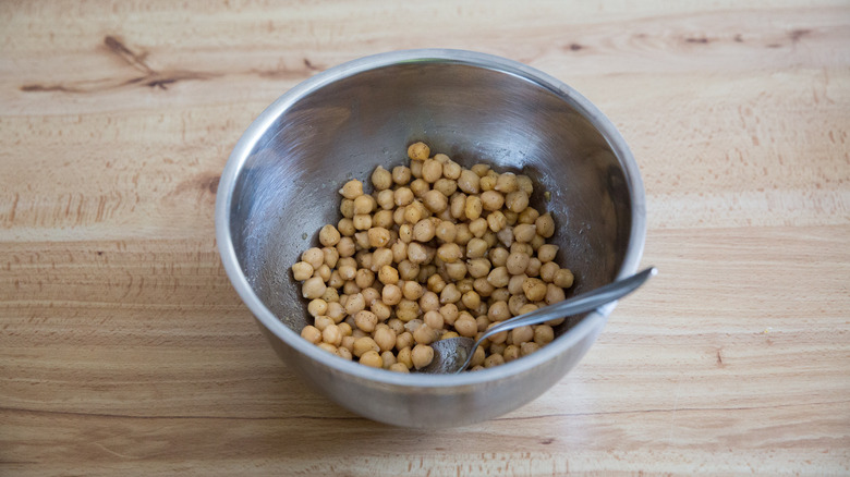 chickpeas in metal serving bowl