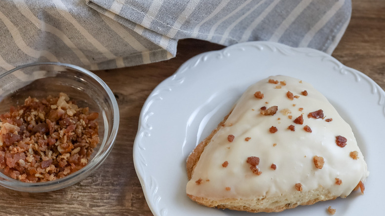 maple bacon scone on plate