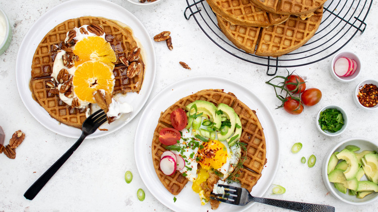 Sweet Potato Waffles with sweet and savory toppings