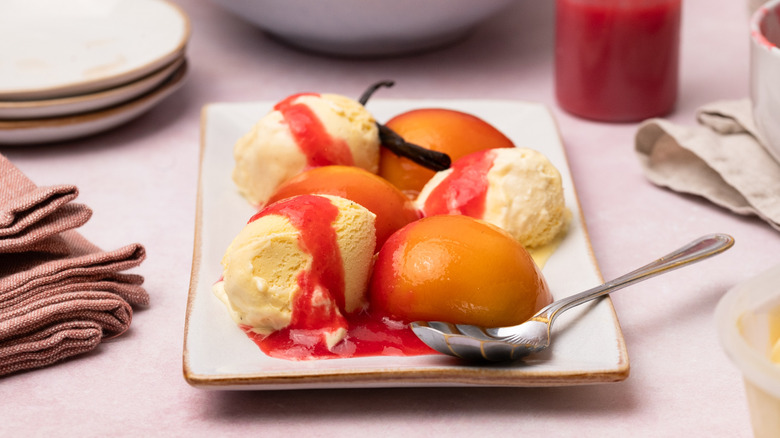 peach melba sundae on plate