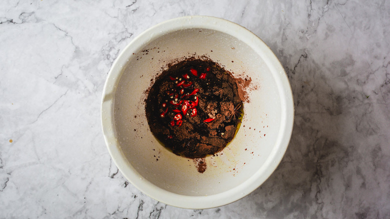 Marinade in white bowl