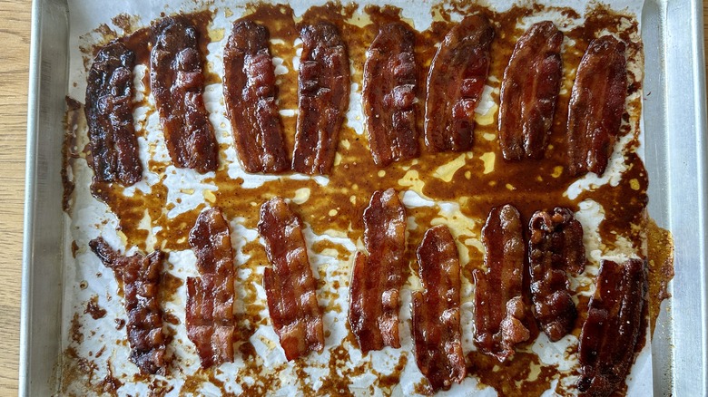 Caramelized bacon on baking sheet