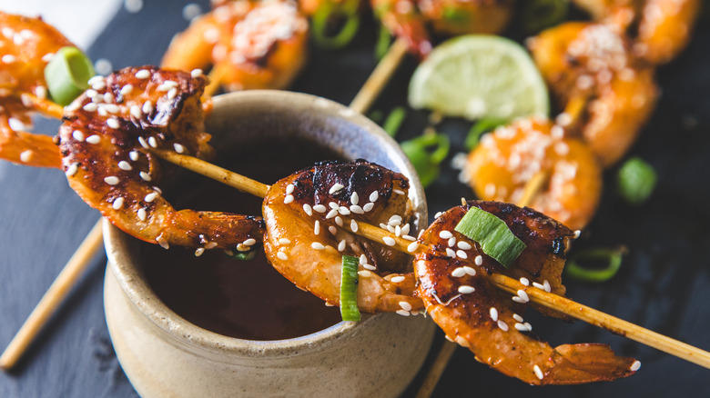 close up on shrimp skewer