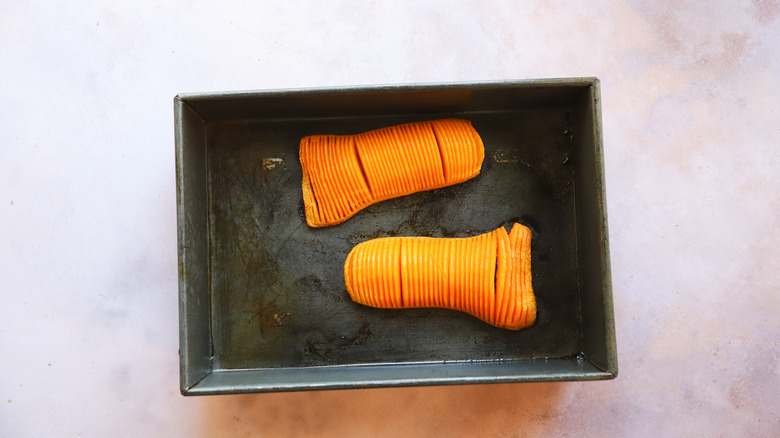 Roasted butternut squash in pan