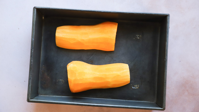 Butternut squash in roasting pan