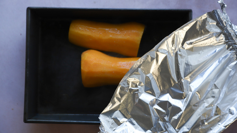 Roasted butternut squash in pan