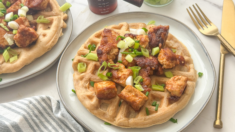 tofu and waffles on plate