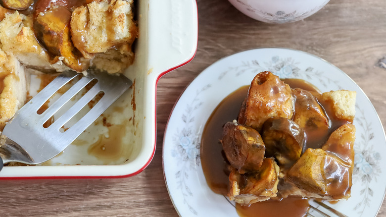 Plantain bread pudding on a table