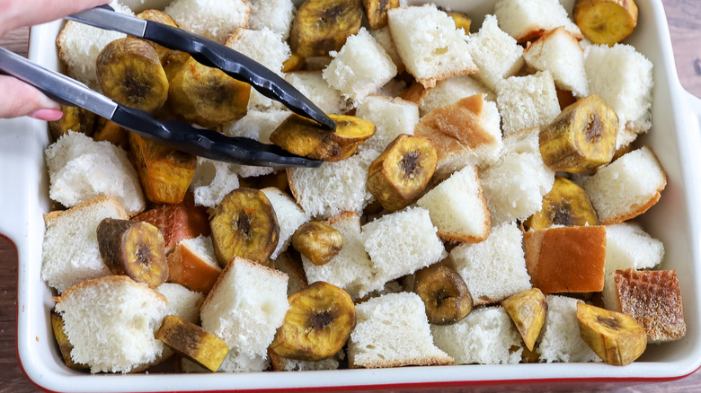 plantains and bread in a baking dish