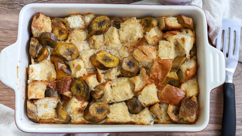 fully cooked bread pudding on a table