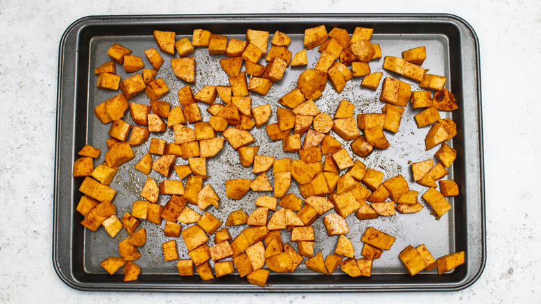 roasted sweet potatoes on pan