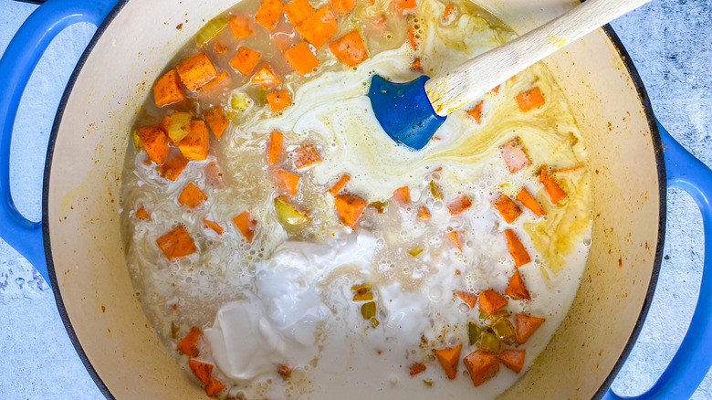 sweet potato and liquid in pot 