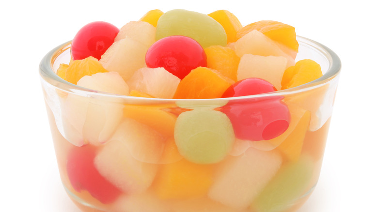 Canned fruit cocktail in a bowl