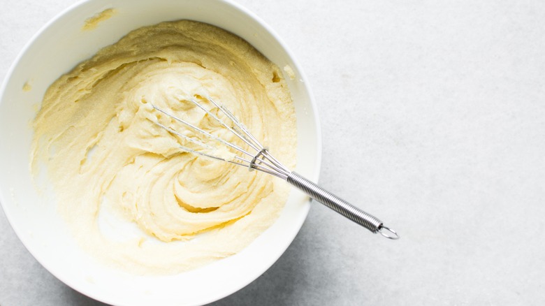 Mixing cake mix in bowl