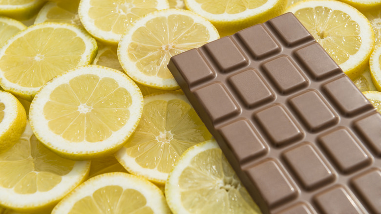 Chocolate bar and lemon wheel flavor pairing concept