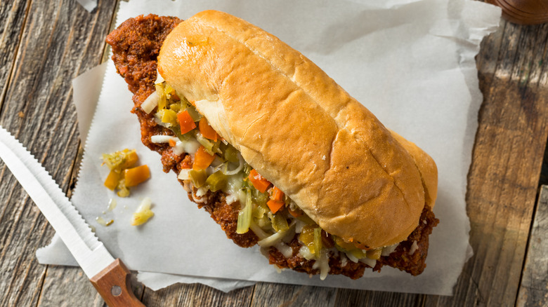 Homemade Chicago breaded steak sandwich with cheese and giardiniera