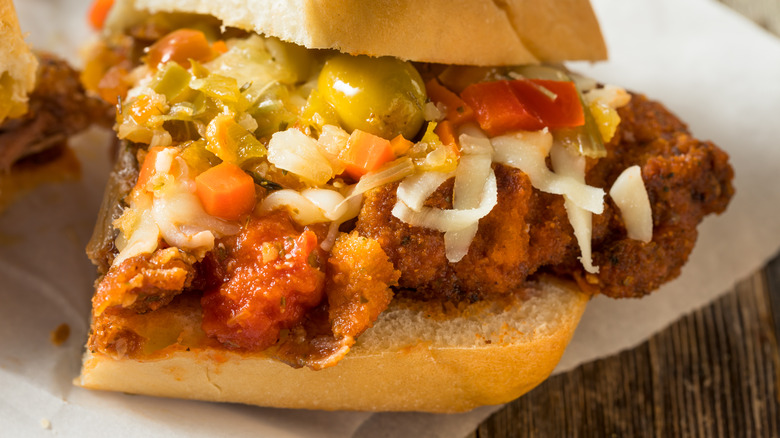 Homemade Chicago breaded steak sandwich with cheese and giardiniera