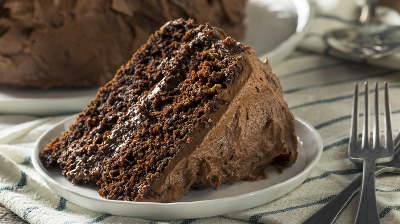 slice of layered chocolate cake