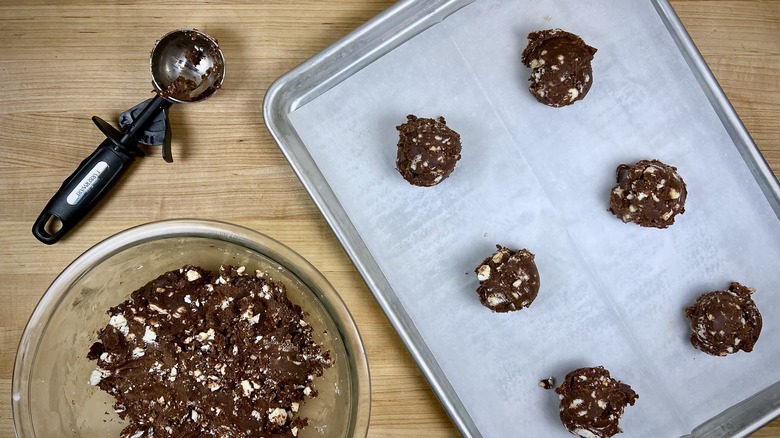 Cookie batter on a sheet pan