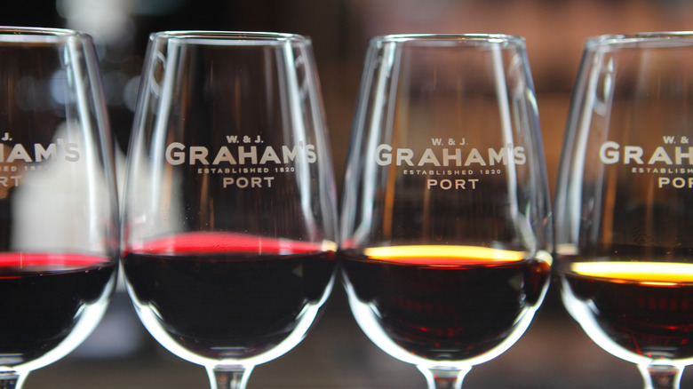 Four glasses of tawny port