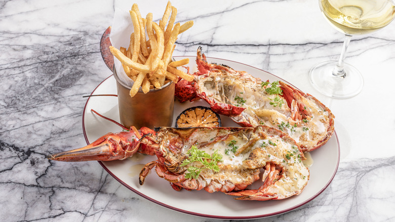 Lobster frites and glass of white wine