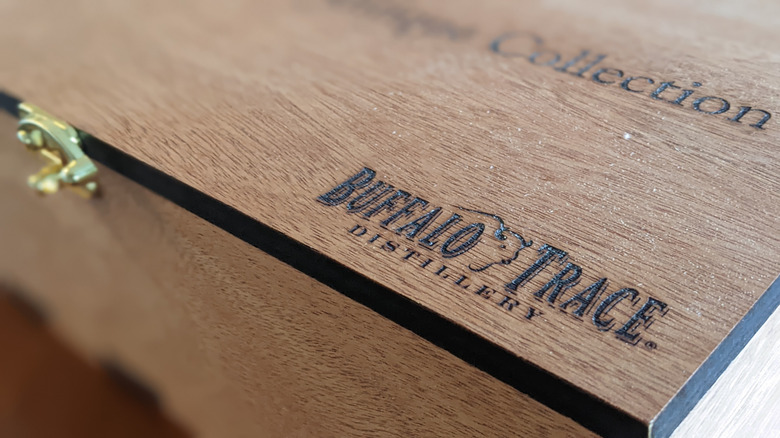 Close-up of the Buffalo Trace Distillery logo on the wooden sample box