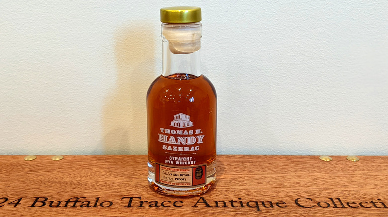 Small bottle of Thomas H Handy Sazerac straight rye whiskey from the 2024 Buffalo Trace Antique Collection