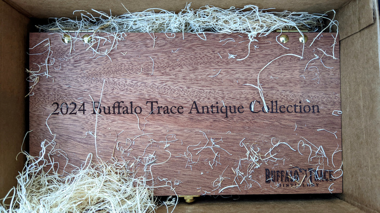 Wooden sample box engraved with "2024 Buffalo Trace Antique Collection"