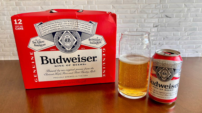 Budweiser box, glass, and can