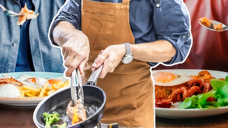 restaurant worker surrounded by diners