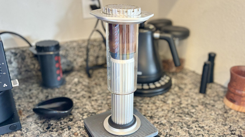 The setup shows how to make coffee with an AeroPress Premium using the inverted style.