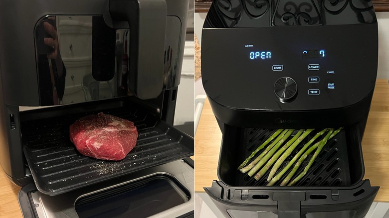 Midea Two Zone Air Fryer cooking steak and asparagus at same time