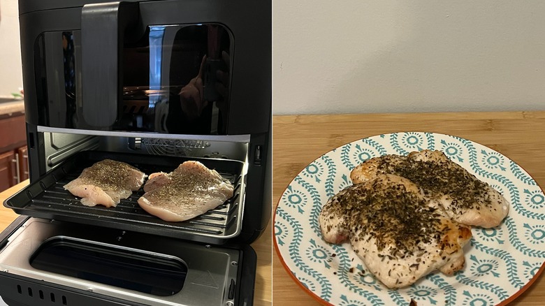 Split image of chicken cooked in the Midea Two Zone Air Fryer, showing the chicken at the start and finish