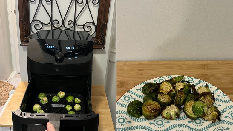 Split image of Brussels sprouts cooked in the Midea Two Zone Air Fryer, showing the vegetables at the start and finish