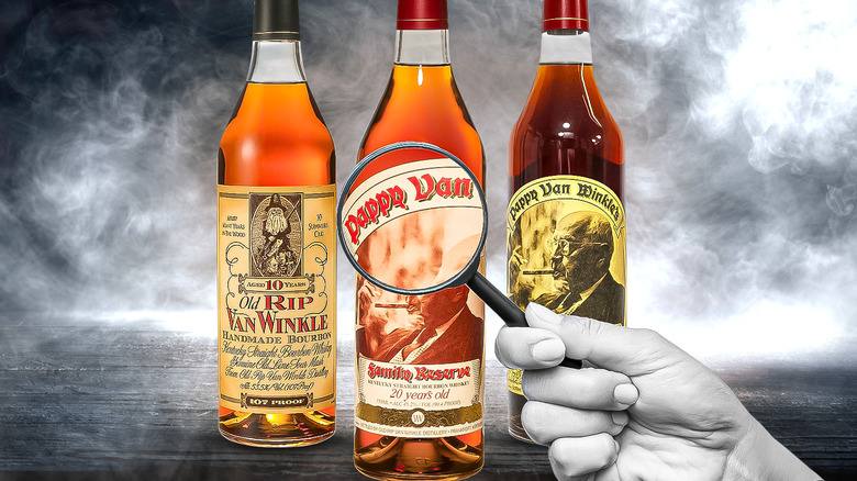 magnifying glass over Pappy bottles