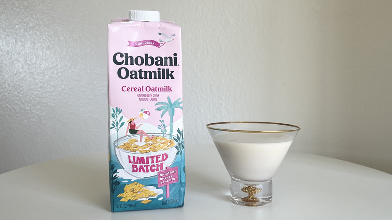 Chobani limited batch cereal oatmilk with glass