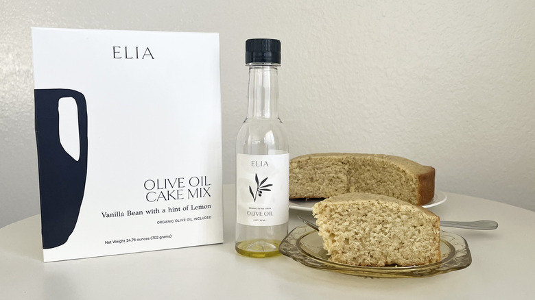 elia olive oil cake mix package and slice