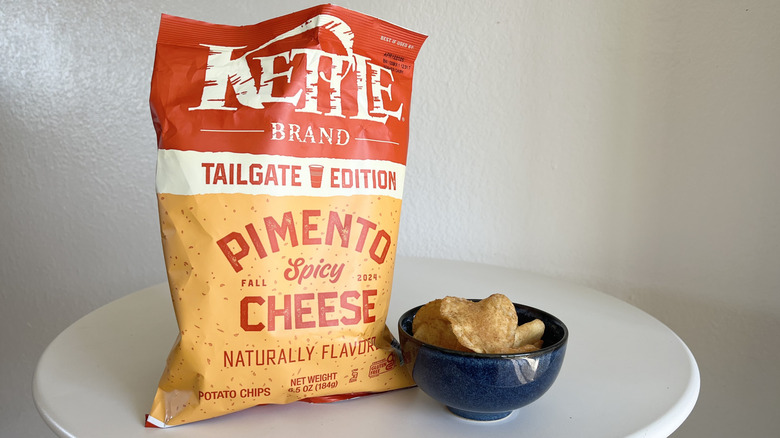 kettle brand potato chips pimento spicy cheese in a bowl