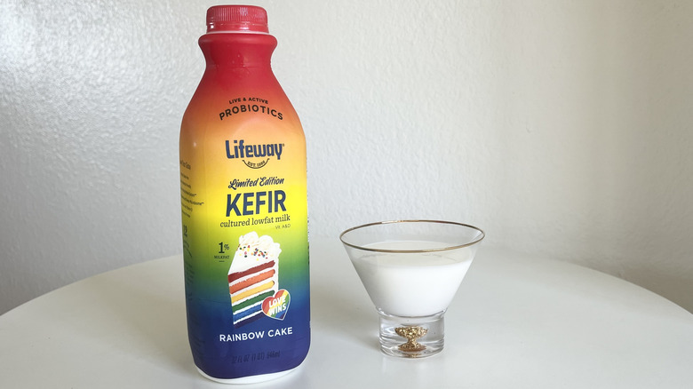 lifeway rainbow cake lowfat kefir on table with glass