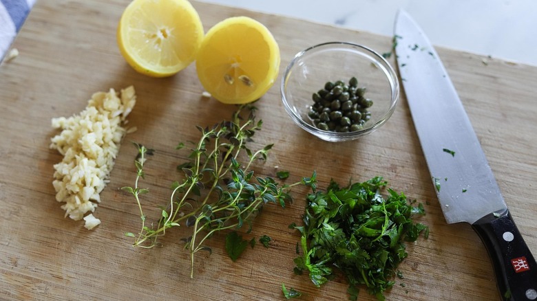 herbs on cutting board