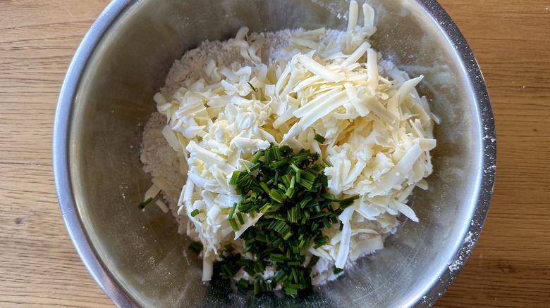 Butter, cheese, and chives in dry ingredients