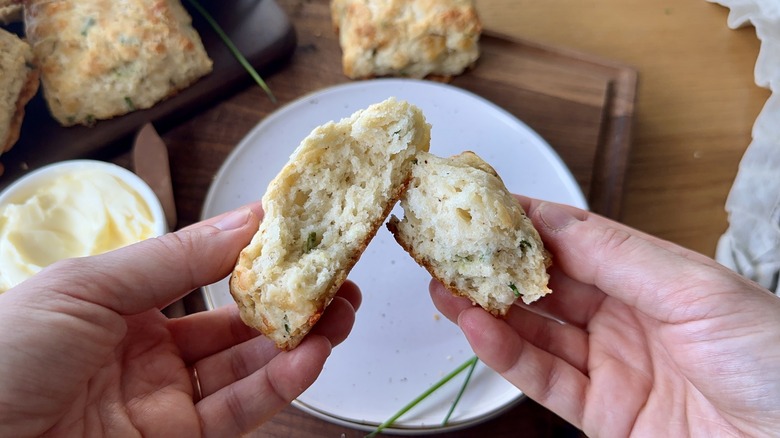 hands opening chive biscuit