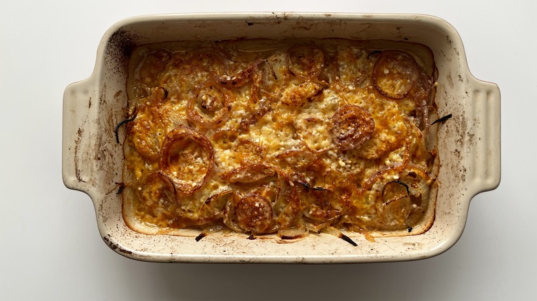 cheesy onion casserole in pan