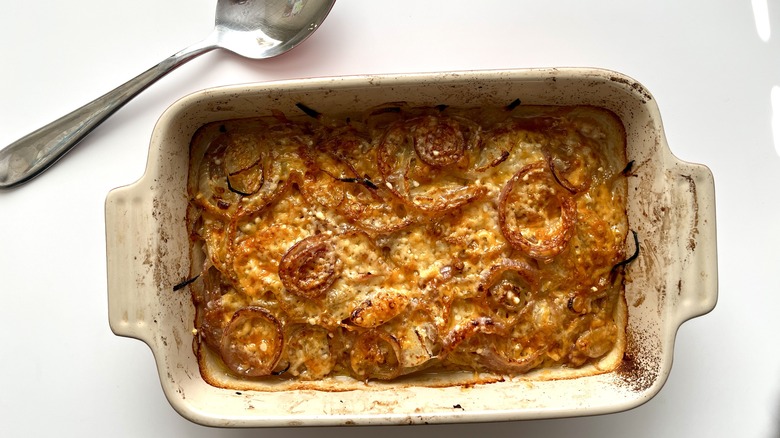 cheesy onion casserole in pan