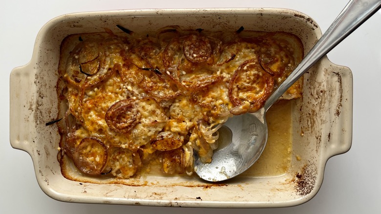 cheesy onion casserole in pan